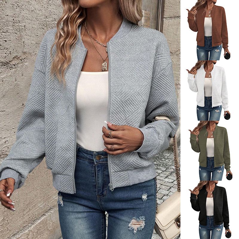 Autumn/Winter Pure Color Zipper Jacket With Baseball Collar For Women_ecoleips.com