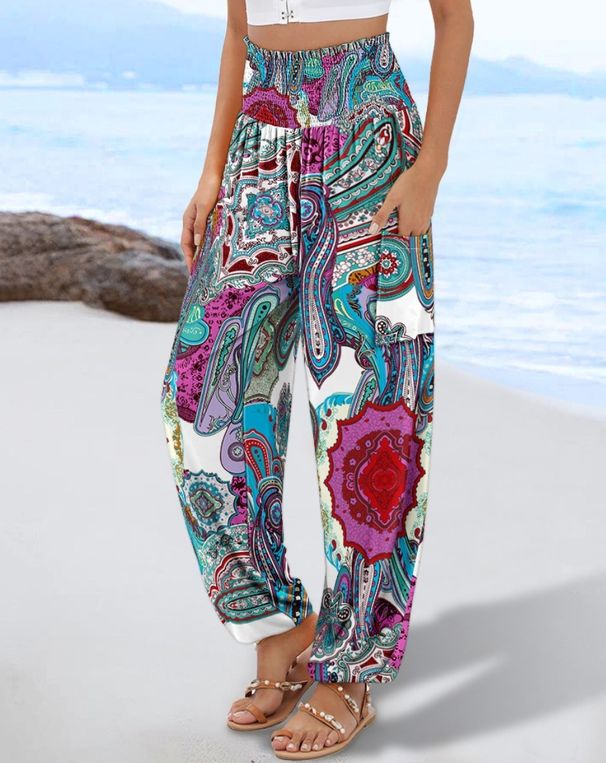 Women's High Waist Boho Print Loose Fit Palazzo Pants With Geometric Floral Pattern And Side Pockets For Summer Beach Vacation_ecoleips.com
