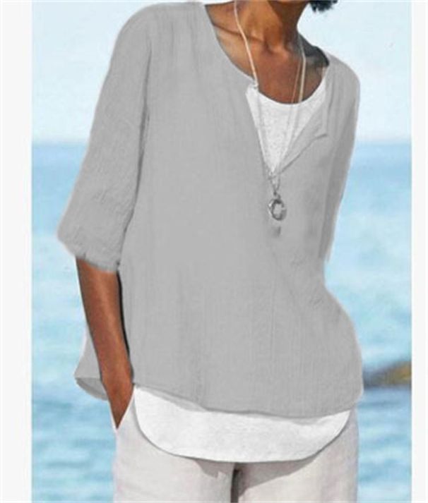 Verve 2025 Spring Summer V-neck Solid Color Cotton Linen Plus Size Mid-sleeve Women's Shirt_ecoleips.com