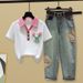 Women's Clothing Fashionable Women's Slim Fit Shirt Color Block Ethnic Style Embroidered Trendy Style Jeans Set_ecoleips.com
