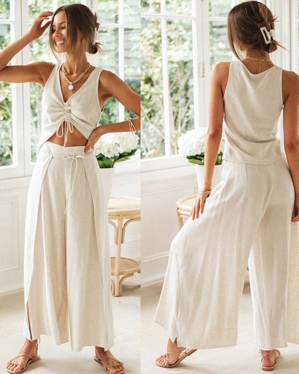 Summer Casual Shirt Sets New Women's Fashion Solid Color Drawstring Short-sleeved Tops Wide-leg Slit Trousers Two-piece Set Suit_ecoleips.com