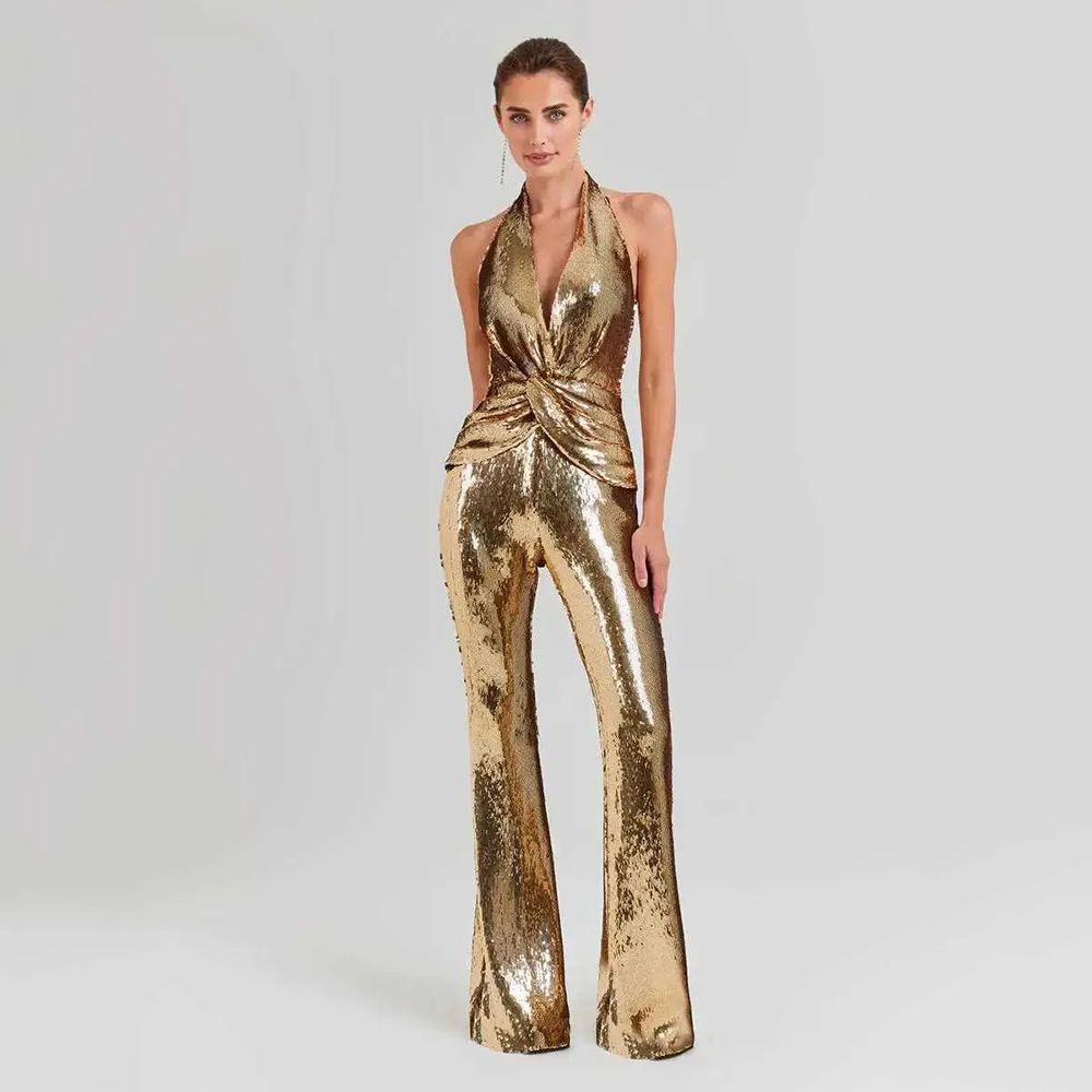 Sequin Halter Jumpsuit – Backless Wrap Design With High Waist & Wide Leg (XS-L, Stretch Polyester-Spandex, Day-to-Night Glam)_ecoleips.com