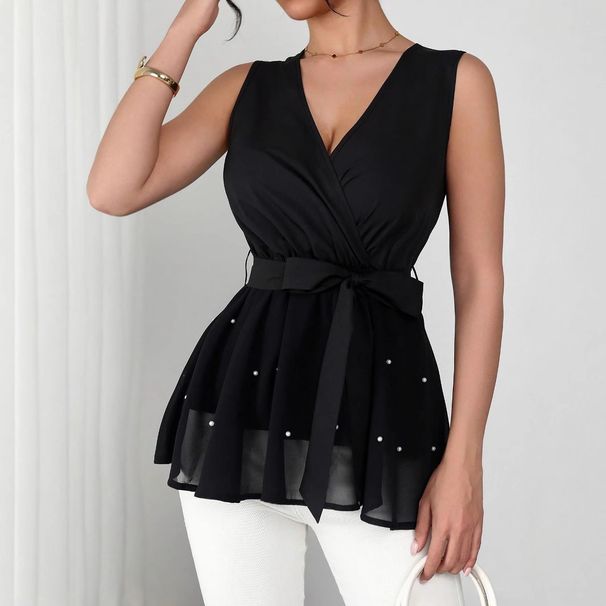 Women's Clothing Women's New Lace Up Beaded V Neck Sleeveless Vest Top_ecoleips.com