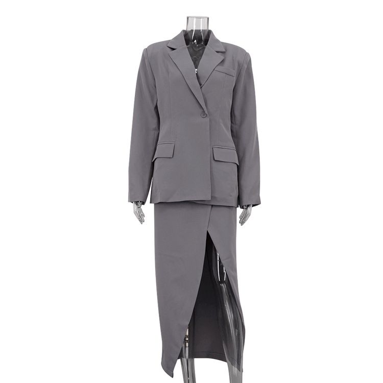 Elegant Commuter Style Two Piece Suit Set For Women With Slit Skirt And Collared Long Sleeved Jacket_ecoleips.com