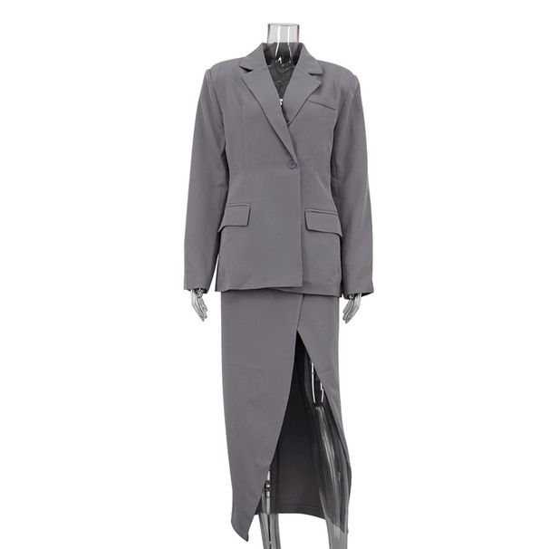 Elegant Commuter Style Two Piece Suit Set For Women With Slit Skirt And Collared Long Sleeved Jacket_ecoleips.com