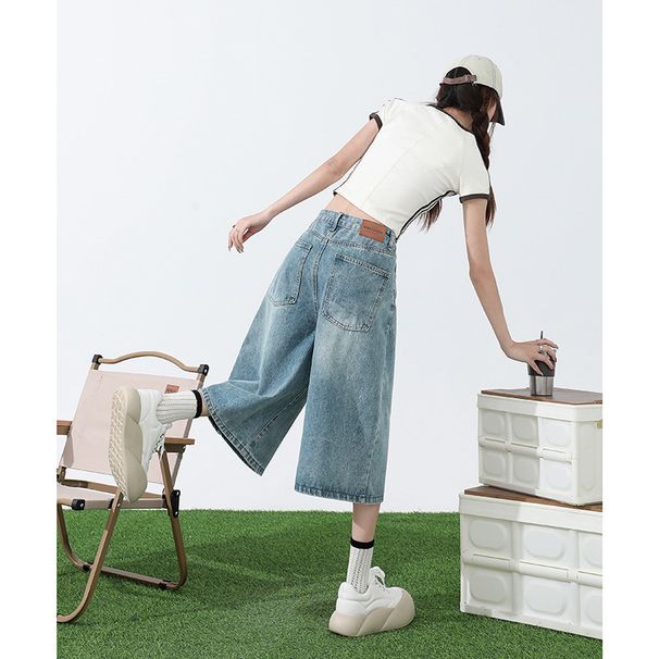 American Style High Waisted Loose Straight Wide Leg Pants, Cool Seven Quarter Jeans, Children's Light Blue, Black Gray,_ecoleips.com