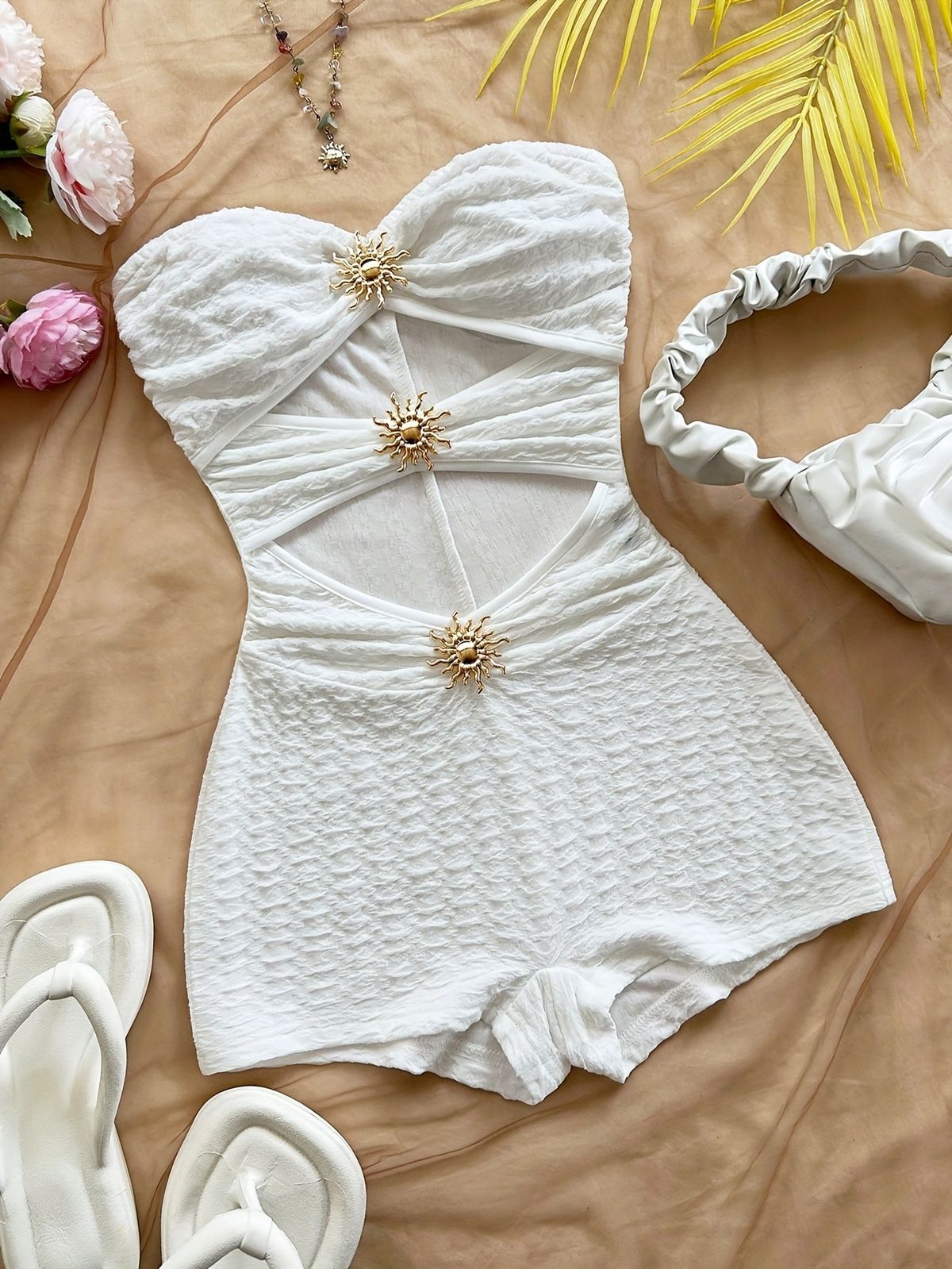 White Women's Slim Fit Jumpsuit Knit Metallic 2025 Cross Border European And American Hot Selling Vacation Style_ecoleips.com