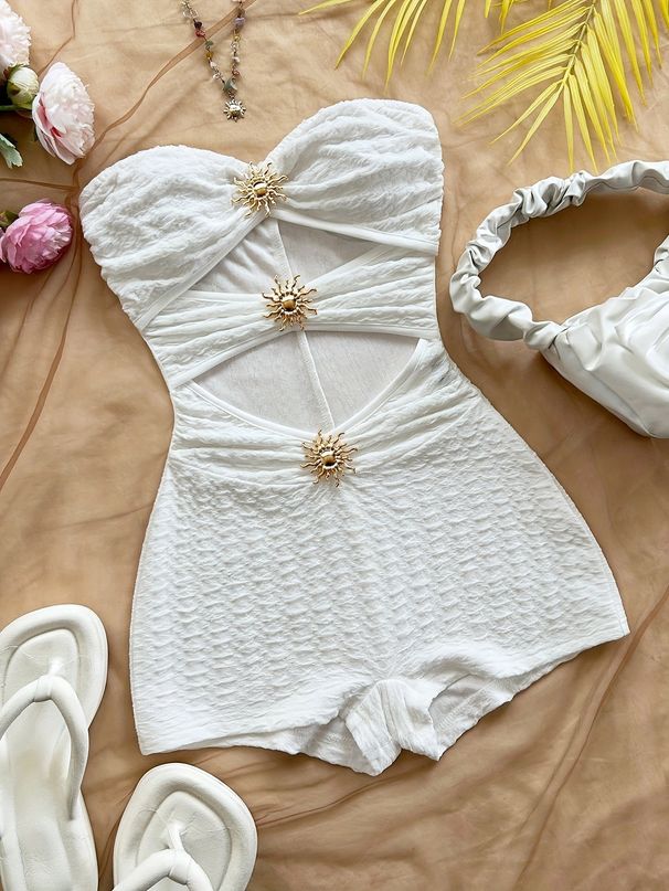 White Women's Slim Fit Jumpsuit Knit Metallic 2025 Cross Border European And American Hot Selling Vacation Style_ecoleips.com