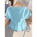 Women's Yellow Drawstring Cardigan Short Sleeve Ice Silk Knit T-Shirt Summer Korean Style Chic Top_ecoleips.com