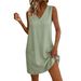 Women's V Neck Sleeveless Cotton Linen Dress European And American Style 2026 Loose Casual Solid Color a Line Skirt_ecoleips.com