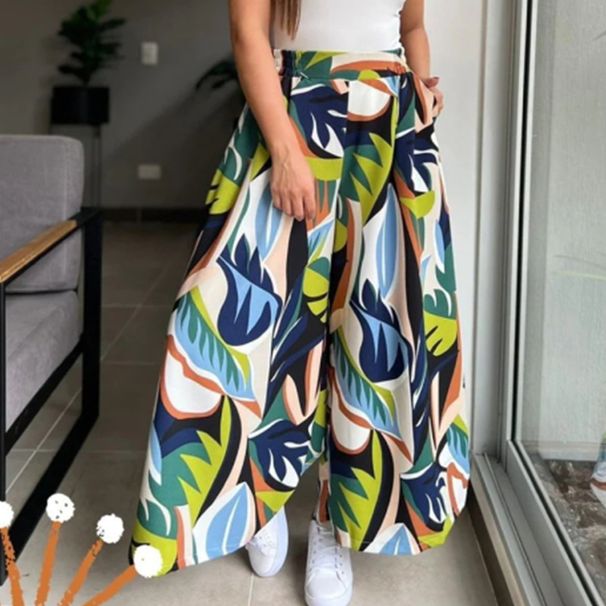 Spring European And American New Women's Fashion Casual Printed Stretch High Waist Wide Leg Pants Trousers_ecoleips.com