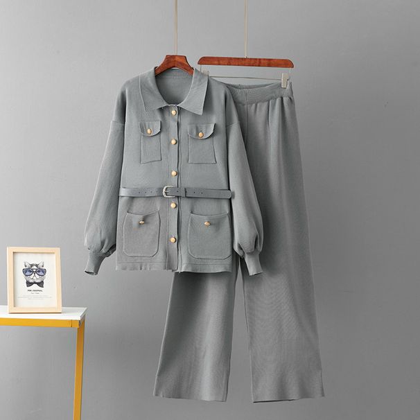 Women's Polo Collar Fashion Suit Cross Border Style Sweater Belt Cardigan Top with High Waisted Wide Leg Pants Two Piece Set for Autumn Winter_ecoleips.com