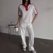 Women's Clothing Fashion New Contrast Color Suit Color Matching Polo Shirt Short Sleeved Top Lace Up Striped Trousers Two Piece Suit_ecoleips.com
