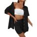 Women's Cotton Linen Shirt Set Solid Tie Dye Short Sleeved Casual Loose Single Breasted European American Style Fashion Shorts_ecoleips.com