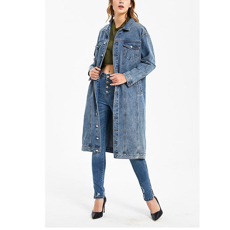 Men's And Women's Distressed Denim Jacket with Polo Collar Long Sleeve Overshirt Streetwear Fashion Blue Coat_ecoleips.com