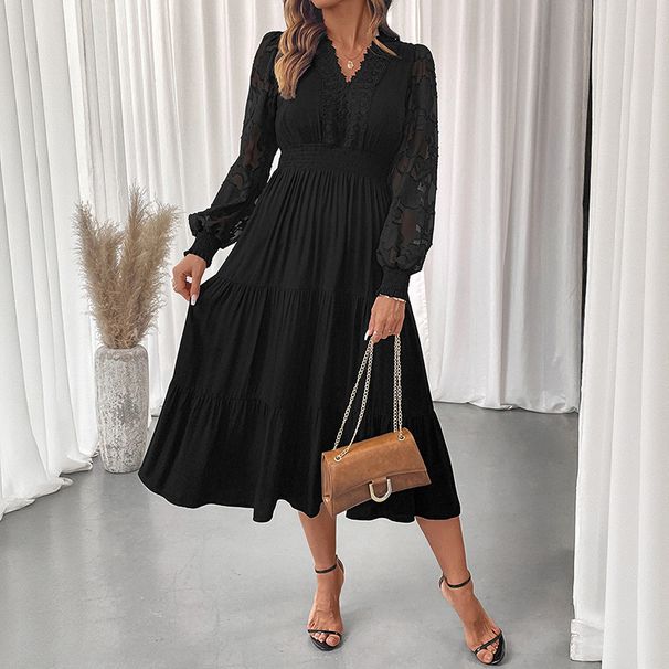 Elegant V-Neck Lace Long Sleeve Dress – Sweet & Sophisticated Solid Color Midi Dress For Women (S-XL, Black)_ecoleips.com
