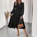 Elegant V-Neck Lace Long Sleeve Dress – Sweet & Sophisticated Solid Color Midi Dress For Women (S-XL, Black)_ecoleips.com