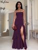 Hugcitar Strapless Solid Ruched Frill Sexy Elegant Slit Maxi Dress Summer Women Fashion Evening Party Outfit Festival Wholesale_ecoleips.com
