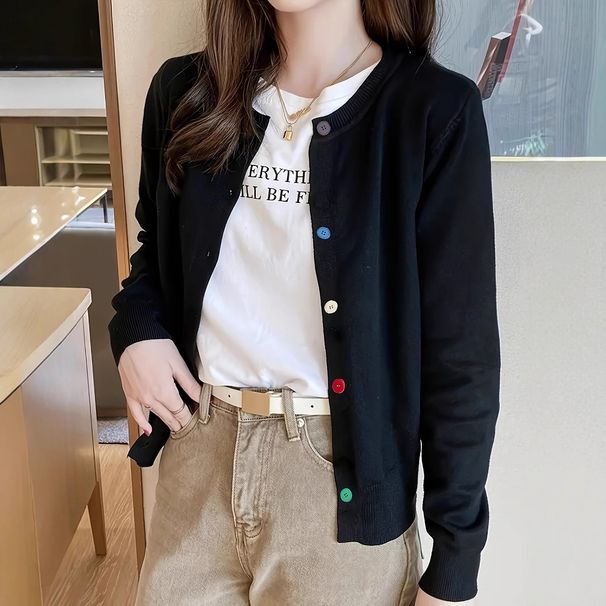 Cross-border Japanese And Korean Style Women's Clothing, Rainbow Button Round-neck Soft Long-sleeve Knitted Cardigan_ecoleips.com