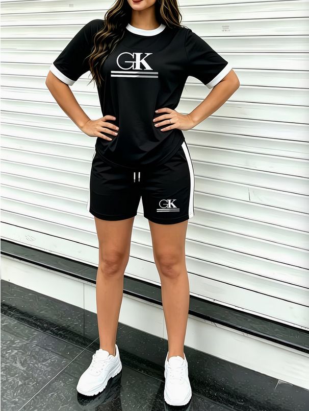 Women's Summer Short Sleeve Shorts Set Lightweight And Breathable GK Letter Double Stripe Print Fashionable Clothing_ecoleips.com