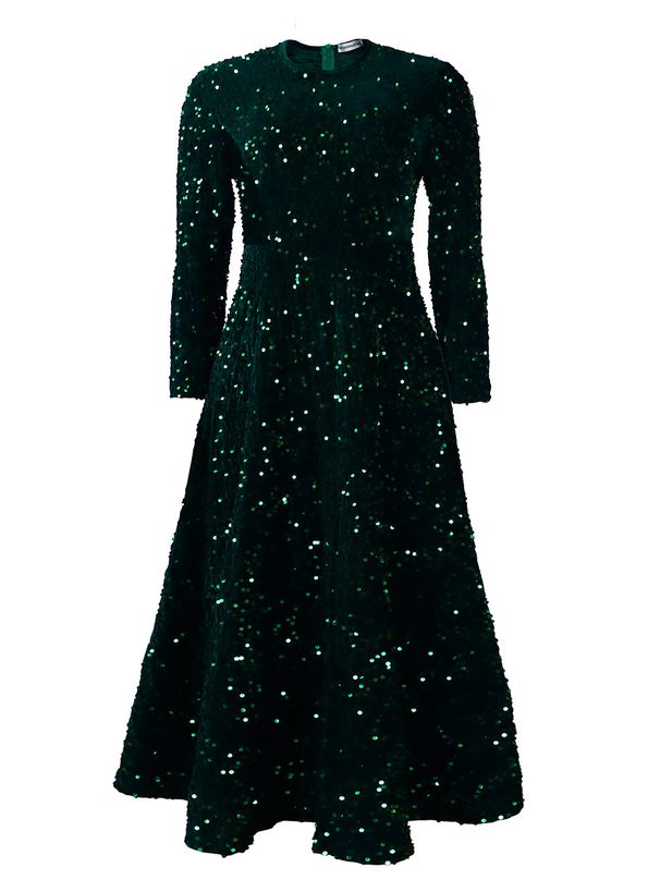 Women's Clothing Sparkle & Shine: Elegant Round-Neck Long Sleeve Sequin High-Waist Midi Dress | Glamorous A-Line Formal Gown_ecoleips.com