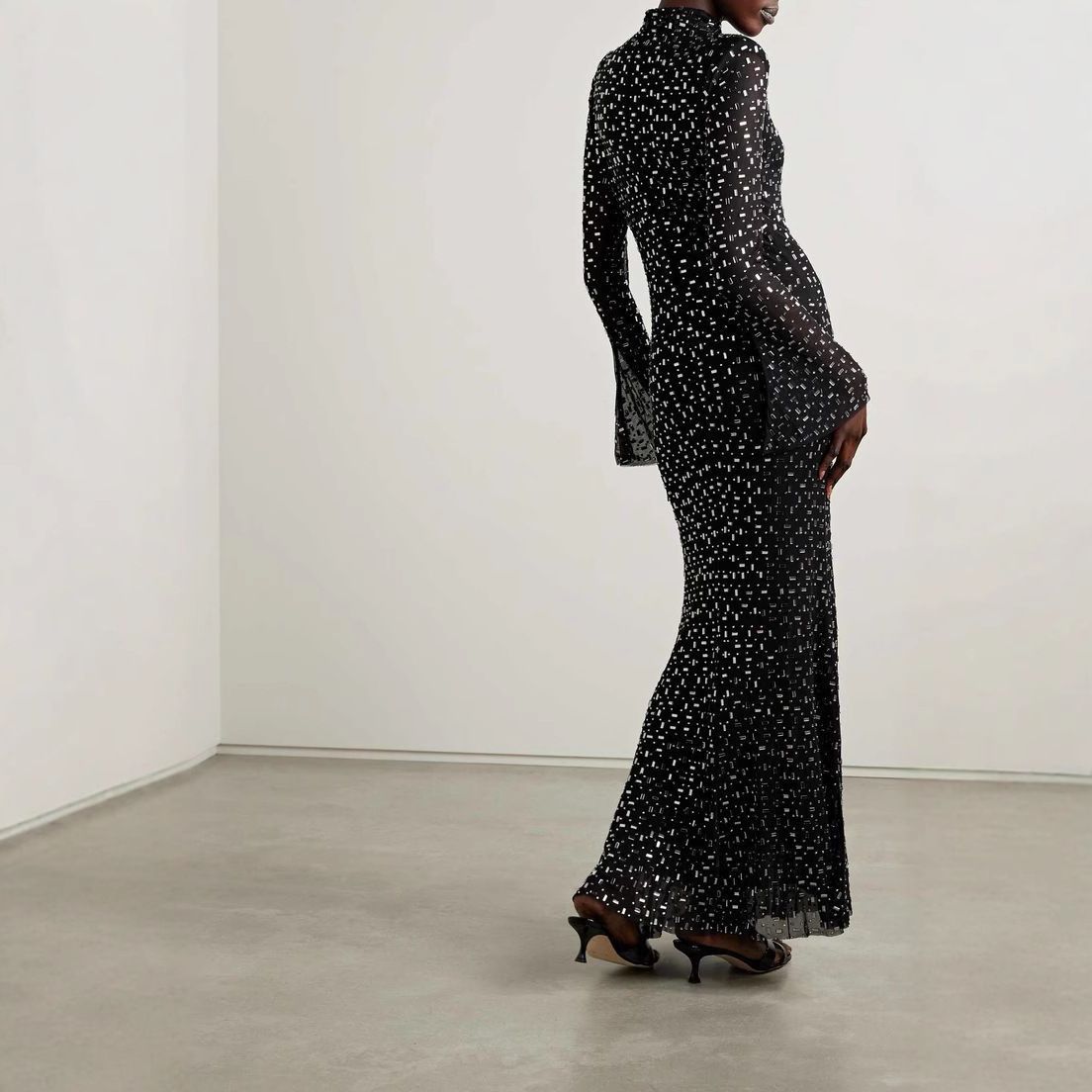Women's Clothing Fashion Mesh Half High Collar Long Sleeve Hot Diamond Slim Hip Long Dress_ecoleips.com