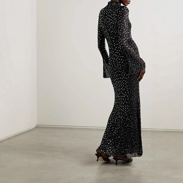 Women's Clothing Fashion Mesh Half High Collar Long Sleeve Hot Diamond Slim Hip Long Dress_ecoleips.com
