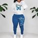 Women's Butterfly Number Print Pullover Tracksuit Set Long Sleeve Round Neck Soft Knit Fabric Fashion Item_ecoleips.com