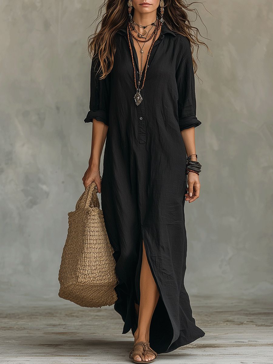 Cross-border European And American 2026 Spring/Summer Solid Color, Turn-down Collar, Front Slit, Long Shirt Dress,_ecoleips.com