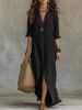Cross-border European And American 2026 Spring/Summer Solid Color, Turn-down Collar, Front Slit, Long Shirt Dress,_ecoleips.com