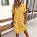 Women's Casual Loose Fit A-Line Midi Dress Button Front Short Sleeve Polyester Solid Color_ecoleips.com