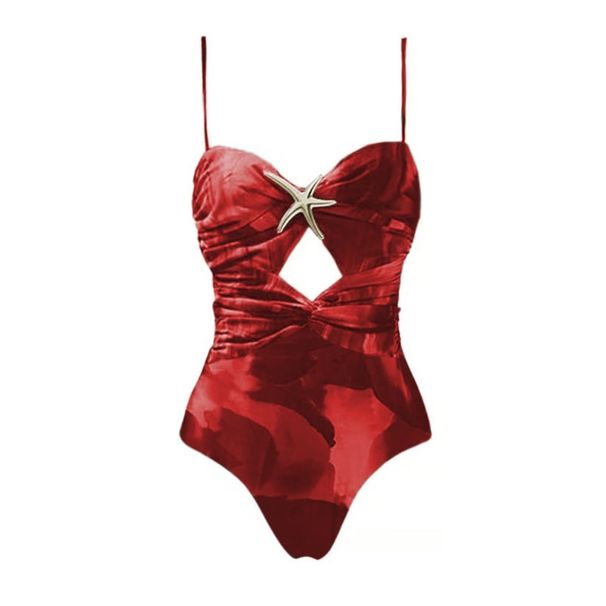 European American Style Floral Print One Piece Swimsuit with Starfish Decor Cutout Design And Umbrella Skirt Set for Women_ecoleips.com