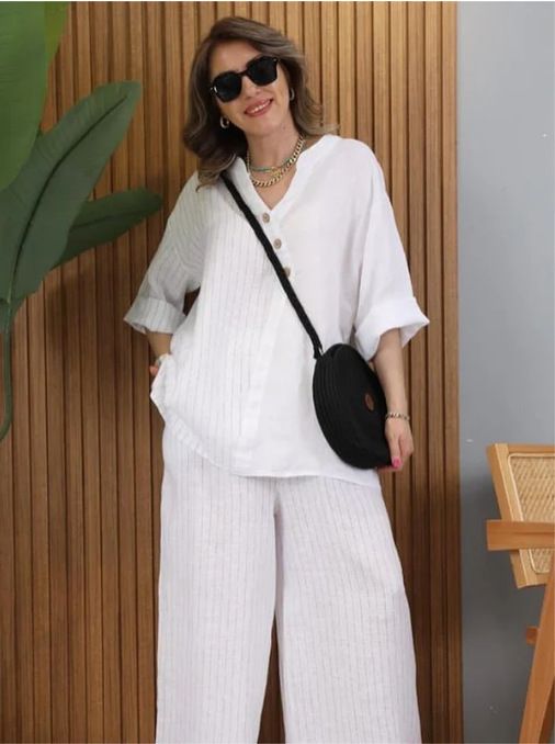 Summer Outfit Set – Linen-Blend Top & Wide-Leg Pants For Women_ecoleips.com