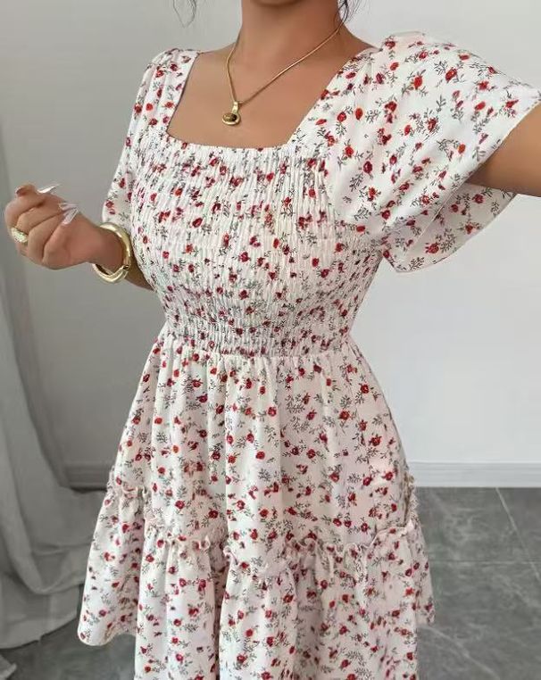 Classic Bohemian Print Dress European And American Style Cool Shoulder Pleated Short Sleeve Summer Fashion_ecoleips.com