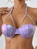 Women's Solid Color Shell Swimsuit European American Style With Underwire Support Pearl Lace Up Bow Halter Neck Swimwear_ecoleips.com