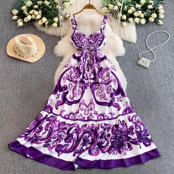 Blue And White Porcelain Print Strapless Suspender Dress V Neck European American Style with Bra Pads Slimming Waist Ruffled Hem_ecoleips.com