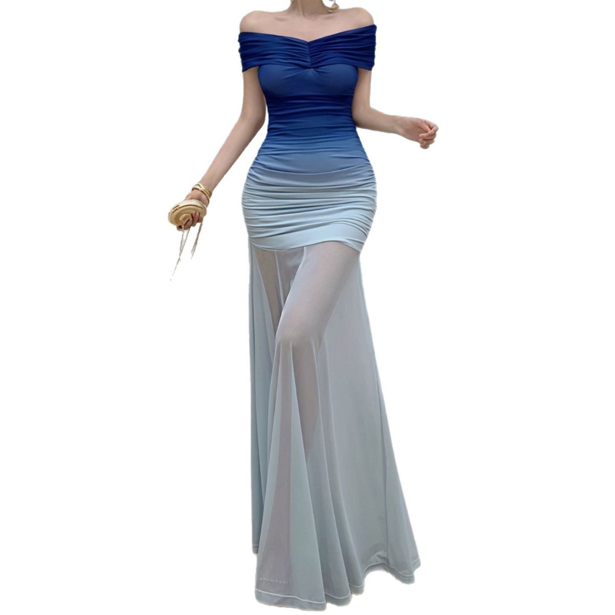Women's Off Shoulder Ombre Blue Mesh Mermaid Bodycon Maxi Dress – Beach Resort Evening Gown_ecoleips.com