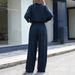 2025 Women's Solid Color Loose Deep V-Neck Long Sleeve Top + Straight-Leg Pants Two-Piece Set_ecoleips.com