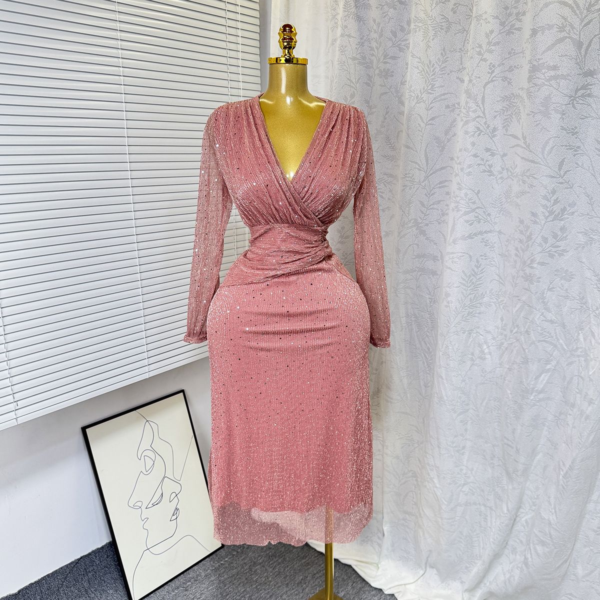 Women's Clothing Elegant V Neck Waist Hot Diamond Shiny Short Sleeve Fashion Dress_ecoleips.com