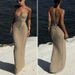 Beach Dress, Sexy V Neck Halter Bodycon Dress, Backless Hollow Out Strappy Knit Maxi Dress._ecoleips.com