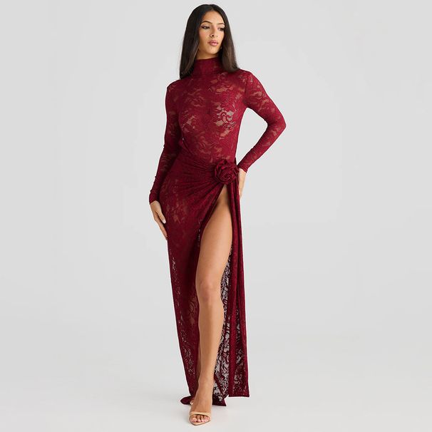 Elegant Lace See-Through Bodysuit & High-Slit Maxi Dress Set – Sexy Backless Two-Piece Outfit For Women_ecoleips.com