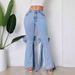 Women's Light Blue High Waist Flare Jeans With Bow Detail, Split Hem Stretchy Denim Bell Bottom Pants, Casual Daily Wear Slim Fit Bootcut Trousers For_ecoleips.com
