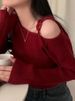 2026 New Women's Elegant Off-Shoulder Sweater T-Shirt Black White Striped With Adjustable Lace-Up Fall Winter Casual Chic Top_ecoleips.com