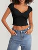 Fairyshely 2025 Summer Solid Short Sleeve T-shirt Sexy Women V Neck Bodycon Crop Top Lady Black Ruffle Club Party Short Tops_ecoleips.com