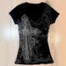Gothic Print Rhinestone T-Shirt Women's Black Long Sleeve V Neck Slim Waist Gothic Top for Spring American Style_ecoleips.com