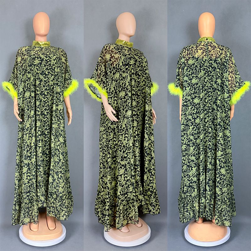 Plus Size Maxi Dress – Batwing Sleeves, Floral Print & Stretchy Chiffon (One-Size Fits Most, Round Neck, Bohemian Loose Fit, Breathable Polyester)_ecoleips.com