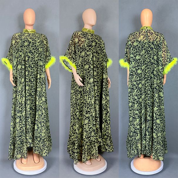 Plus Size Maxi Dress – Batwing Sleeves, Floral Print & Stretchy Chiffon (One-Size Fits Most, Round Neck, Bohemian Loose Fit, Breathable Polyester)_ecoleips.com