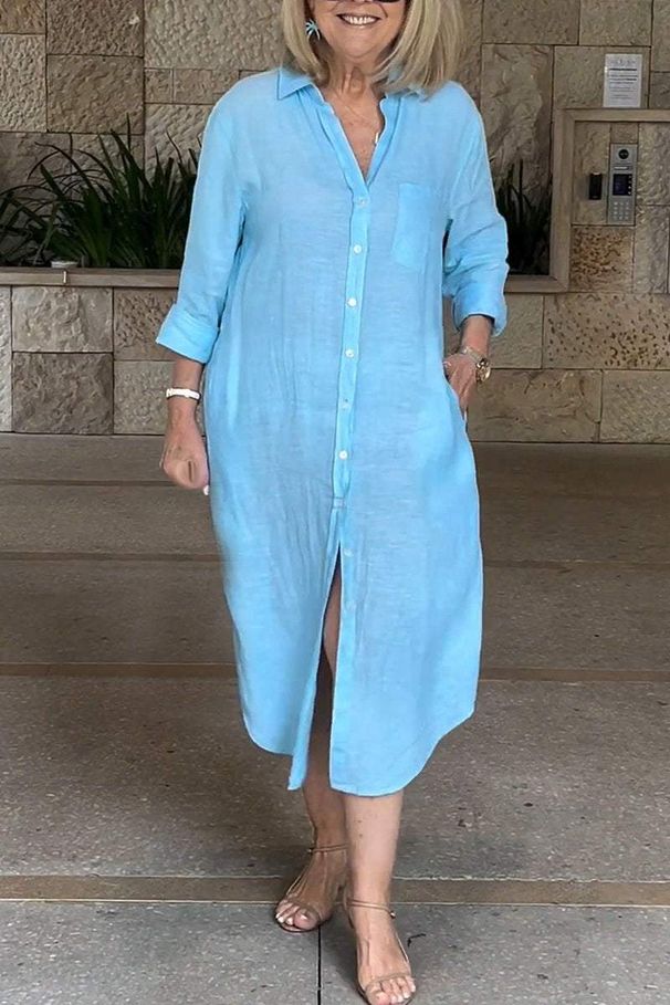 Women's Clothing Loose Ladies Pocket Casual Lapel Single Breasted Cotton And Linen Dress_ecoleips.com