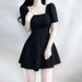Elegant Short Black Dress Square Collar A-Line Skirt Women's Summer Slimming Hepburn Style High Waist Gown Casual Wear_ecoleips.com