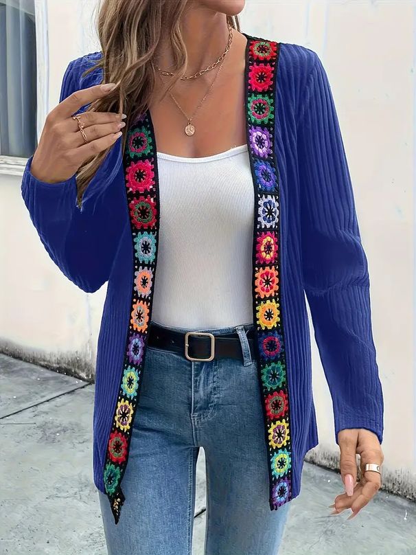 Women's Bohemian Floral Embroidered Knit Cardigan – Stretchy Long-Sleeve Cover-Up (S-XXL, Black/Navy)_ecoleips.com